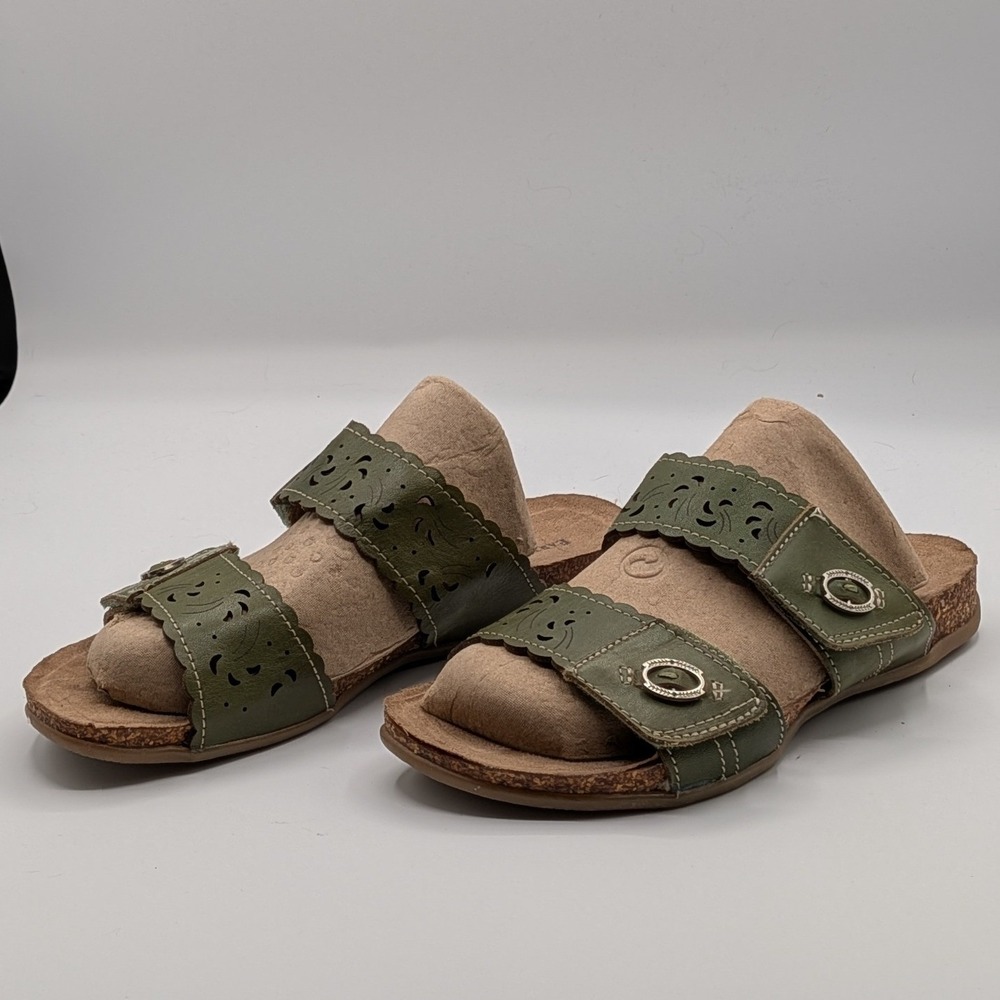 Earth Origins Size 7.5 $119 Tessa Olive Green Leather Laser Cut Slide Sandals